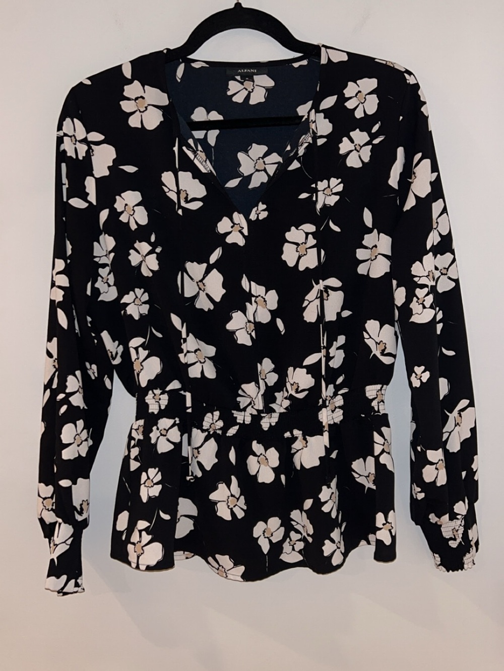 Alfani Black and White Floral Tie-Neck Peplum Blouse
